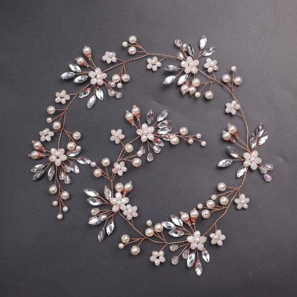 Bride Hair Vine Rose Gold Crystal Pearl Headband Evening Prom Women Hair Piece